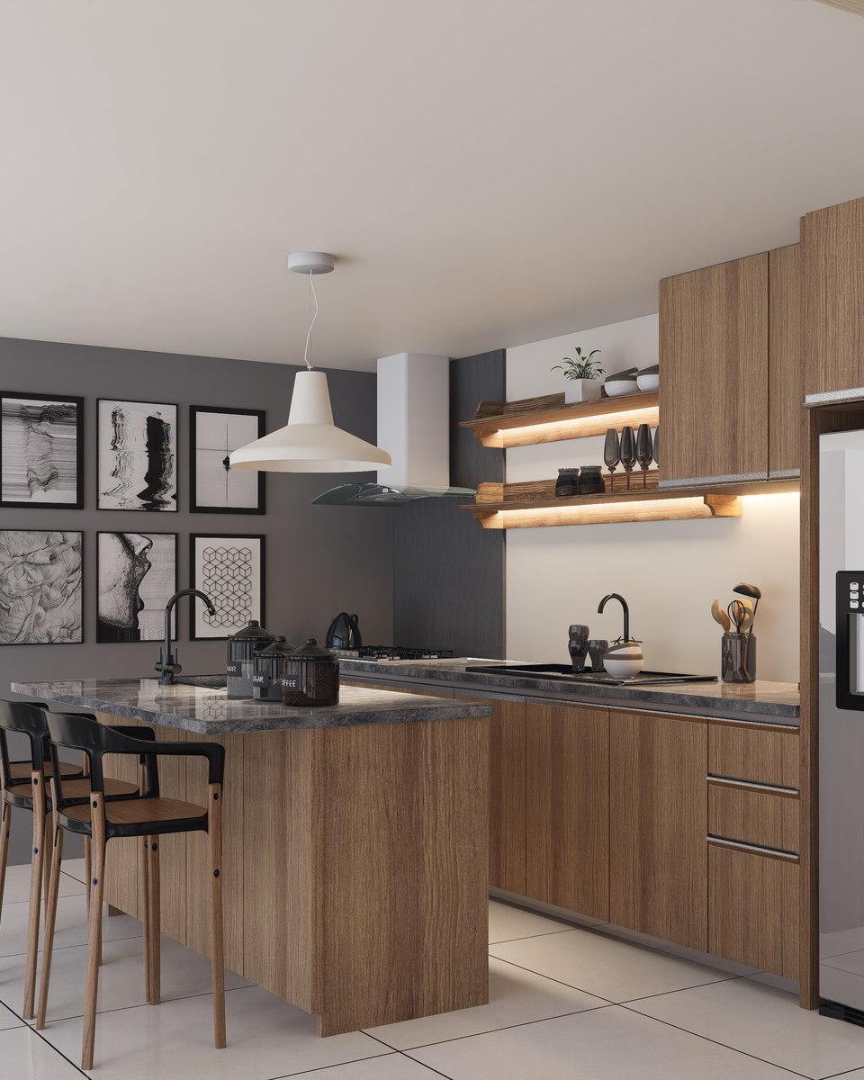 Cocina moderna con isla, madera y luz cálida
